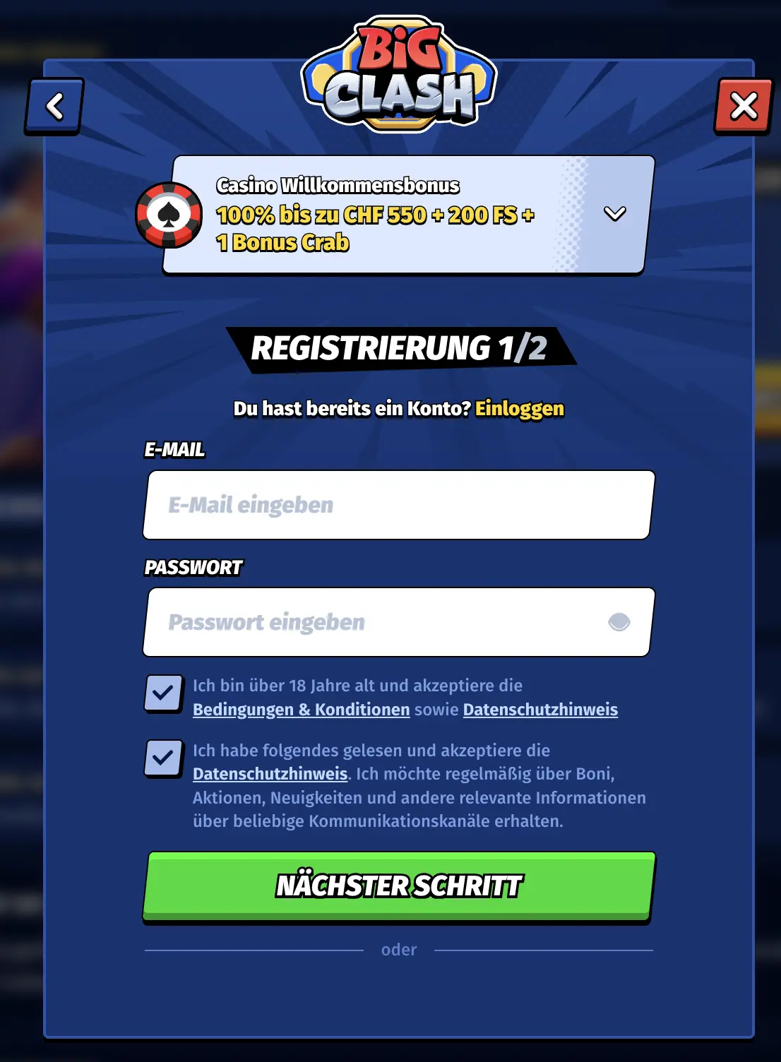 Registrierung 1 von 2 BigClash BigClash Casino Registrierung Schritt 1